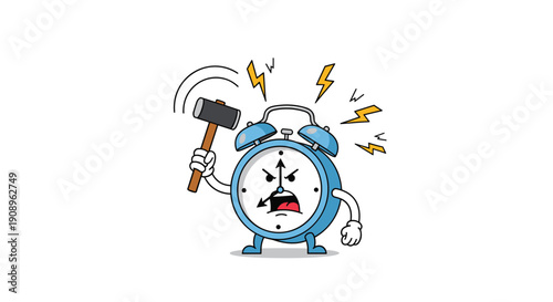 An angry cartoon alarm clock character mascot with a furious expression is about to smash itself with a hammer to stop ringing.
