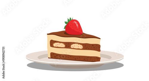 A delicious slice of layered tiramisu cake topped with cocoa powder and a fresh red strawberry served on a small white plate.