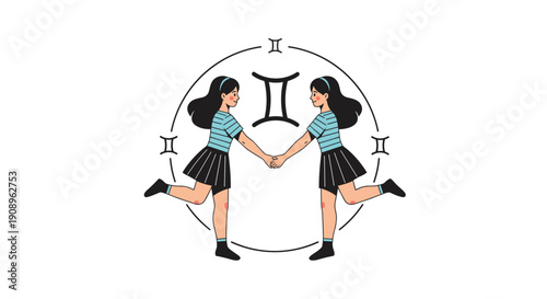 Astrological illustration of the Gemini zodiac sign featuring two identical twin girls holding hands inside a decorative circular frame.