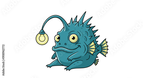 A funny and cute cartoon illustration of a blue deep-sea anglerfish smiling with a glowing lightbulb lure on its head.