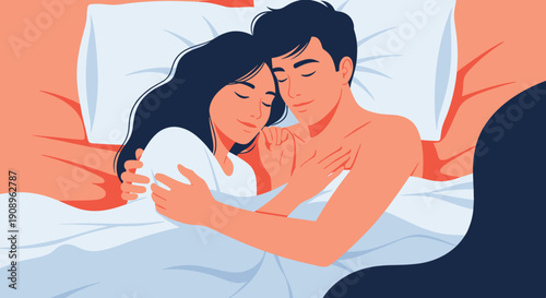A loving young couple is shown sleeping and cuddling together intimately in a cozy bed under white and blue blankets.