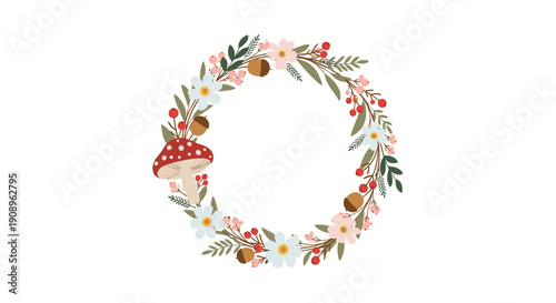 A beautiful and delicate autumn or winter floral wreath with a red toadstool mushroom acorns berries and colorful flowers.
