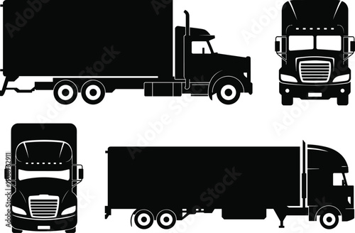 Semi‑trailer truck silhouettes, front view, side view, cargo transport, logistics design, freight vehicle artwork, black vector illustration