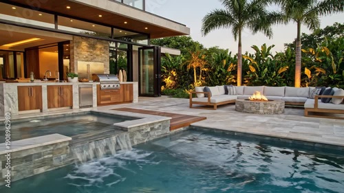 Expansive modern luxury backyard featuring a swimming pool, fire pit lounge area, and outdoor kitchen, surrounded by lush tropical foliage at twilight.