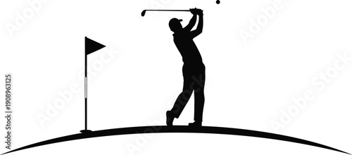 Black silhouette golfer swinging on course, dynamic golf sport illustration with ball, flagstick, competition, recreation, athletic action design