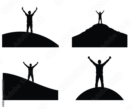Silhouette set of man standing on mountain peak with raised hands, success and achievement concept vector. 