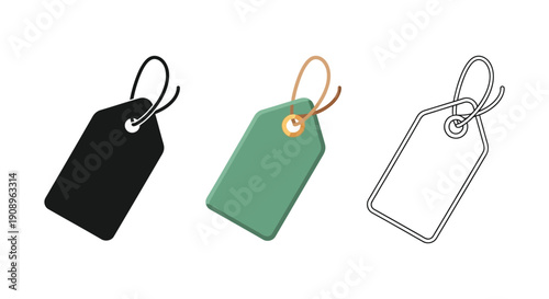 Set of three price tags or labels illustrations in silhouette, color, and outline