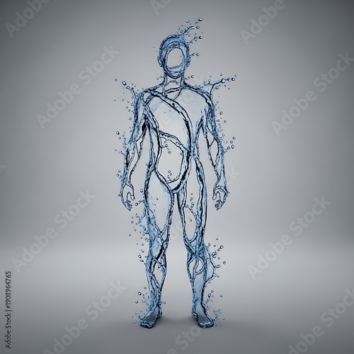 Human body outline formed by splashing blue water droplets against a gray background.
