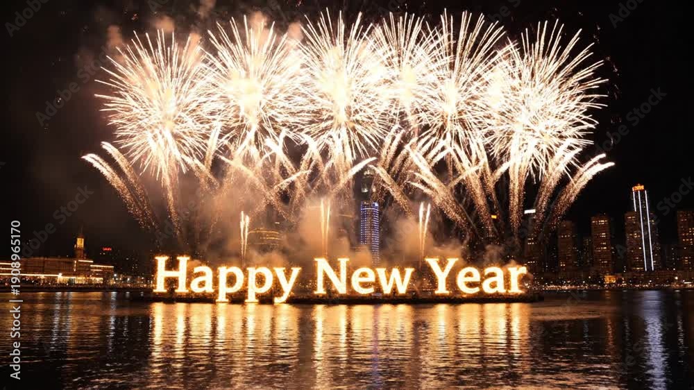 custom made wallpaper toronto digitalFireworks display over water with 'Happy New Year' sign at night, celebrating with city skyline background, perfect for holiday promotions