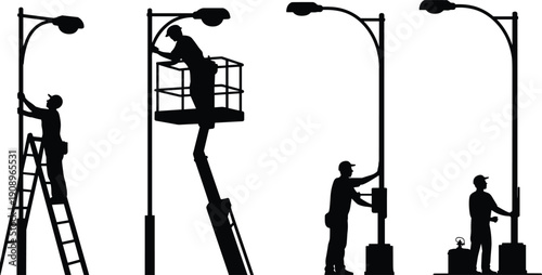Streetlight repair workers silhouettes, utility technicians installing and maintaining urban lighting, electrical infrastructure service concept, isolated professional illustration collection