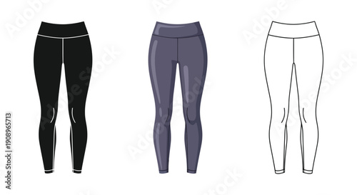 Set of three women's athletic leggings illustrations in silhouette, color, and outline