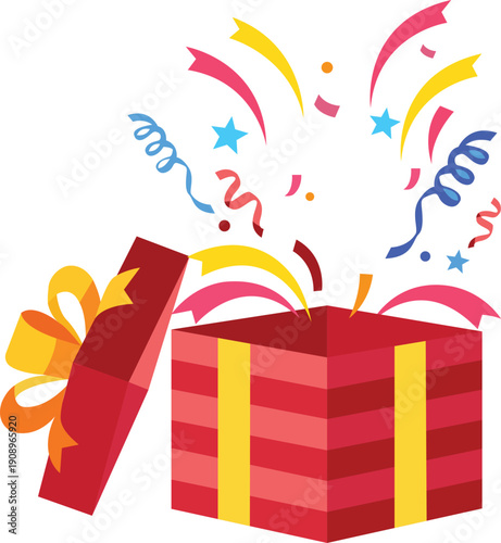 open gift box vector bursting with confetti, ribbons, and stars, perfect for celebration designs, holiday promotions, birthday graphics, party invitations, festive marketing