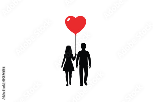 Couple Holding Hands with Heart Balloon in Silhouette Style with Soft Focus and White Background for Valentines Day