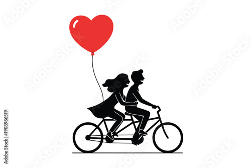 Couple Riding Bicycle with Heart Balloon in Silhouette Style with Soft Lighting on White Background for Valentines Day