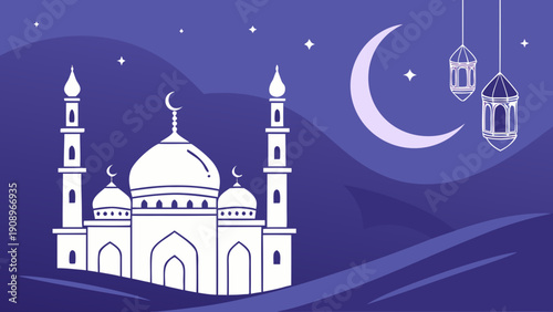 Stylized mosque silhouette against a dark blue night sky featuring a prominent crescent moon and hanging lanterns for religious.