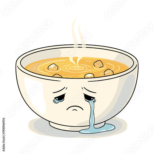 Sad crying bowl of warm soup with croutons and steam rising, tears dripping down