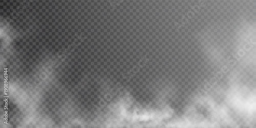 Fog, smoke, mist and steam on transparent background, panoramic view, vector design