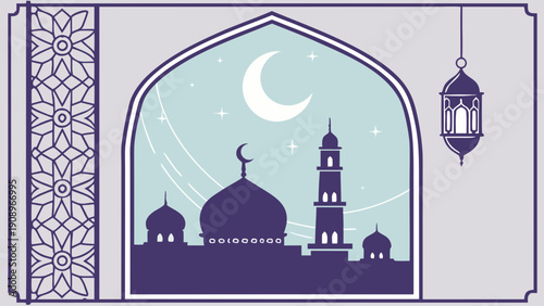 Silhouette of a mosque dome and minaret is framed by an ornate archway against a pale crescent moonlit sky.