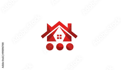 A modern red house icon with a chimney and three circles below