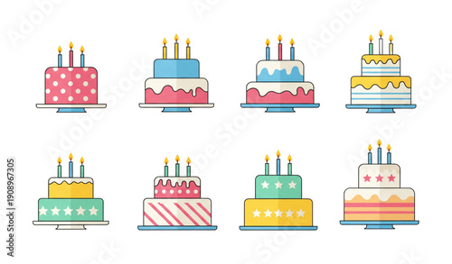 A colorful vector illustration of multiple birthday cakes with candles