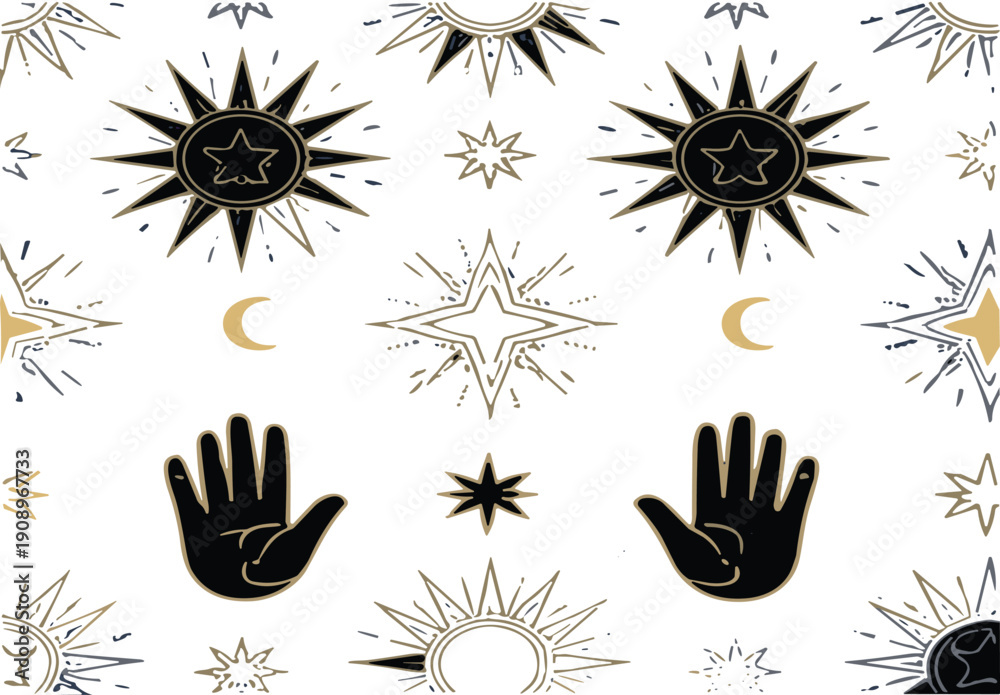 Fototapeta premium Mystical celestial symbols vector set with sun moon stars and hands illustrations for boho spiritual decorative design