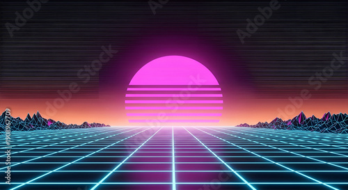 Striking 80s retro synthwave landscape features a vibrant neon grid floor leading toward a massive glowing pink striped sun setting over digital mountains.