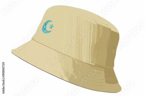 Illustration of a beige bucket hat with a blue crescent moon emblem on a clean white background from a three-quarter view