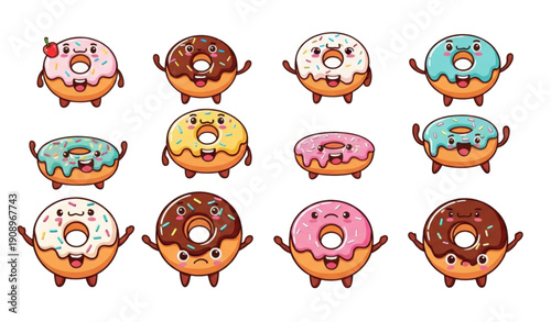 A colorful illustration of cartoon donuts with various toppings and expressions