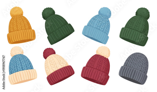 A colorful collection of knit hats with pom poms on a white background