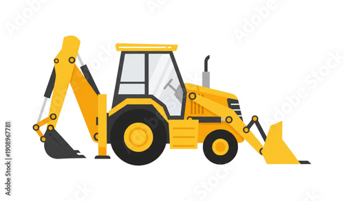 A yellow backhoe loader vector graphic on a white background