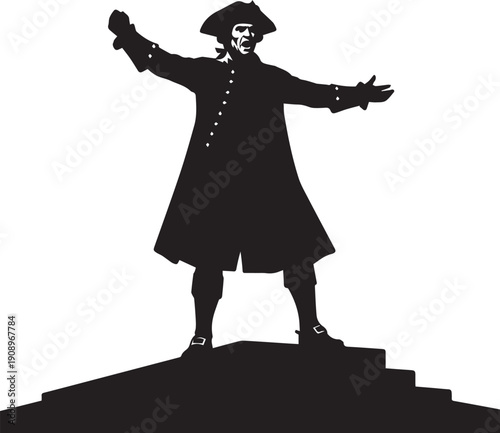 Man in colonial costume silhouette, vector illustration, historical line art