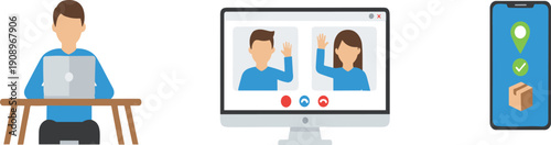 Online communication and remote work concept with video call laptop and mobile app flat vector illustration