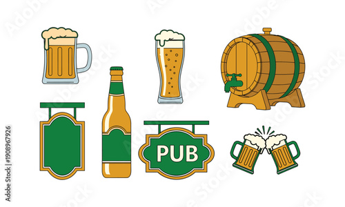 Beer bottle, mugs, barrel and pub signs vector collection for st patrick's day