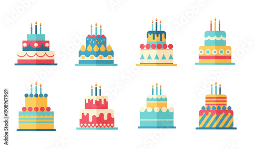 A colorful illustration of eight birthday cakes with candles and decorations