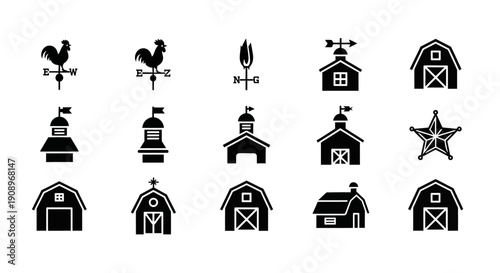 Barn and Weather Vane Icon Set, Farm Vector