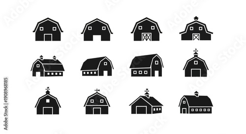 Barn Icons Set. Farm Building Silhouette Vector Illustration