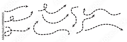 Hand drawn arrow vector set with dotted lines and curves for infogr .Curved dotted arrow. curved hand drawn arrows. Sketch dashed arrows design. signpost showing a confusing complex path. 