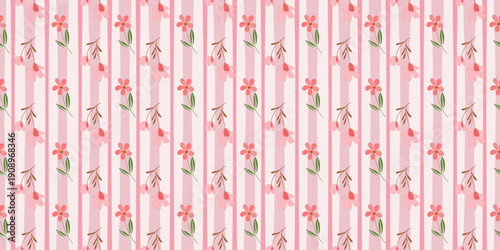 Vintage pink floral seamless pattern with pastel flowers and hearts in a retro vector illustration design for baby wallpaper and textile fabric