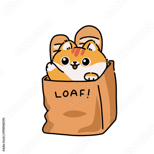 Adorable cat peeking from a bread loaf bag labeled loaf. Cute kawaii cartoon illustration with bakery theme on white background.