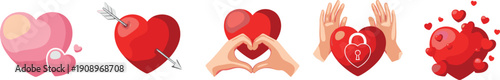 Romantic love heart vector illustration set with hands arrow lock and decorative valentine symbols collection design
