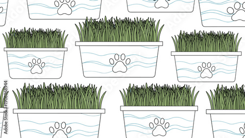 Seamless pattern showcasing green cat grass growing in white rectangular pots decorated with blue paw prints for pet lovers.