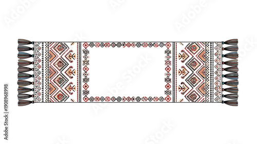 Traditional rectangular rug displays intricate bohemian and tribal patterns with decorative tassels on its ends for home decor.