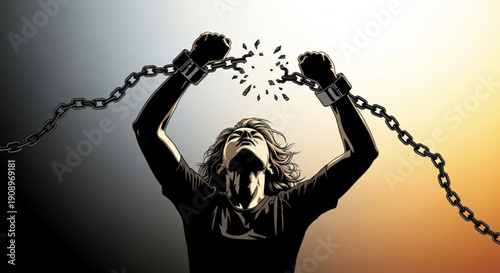 Woman Breaking Free from Chains during Sunset, Symbolizing Freedom and Empowerment