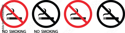 No smoking vector icons set, cigarette prohibition sign silhouette and outline collection, safety symbol group isolated on transparent background for public area design