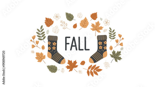 Autumn-themed illustration features the word FALL surrounded by a decorative wreath of colorful leaves and a pair of cozy socks.