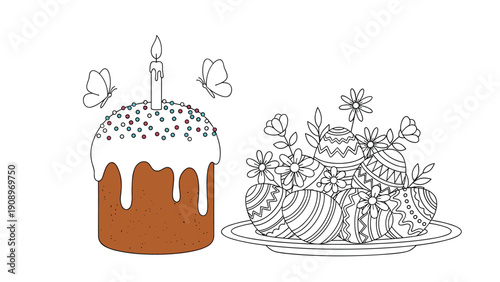 Traditional Easter celebration features a glazed cake with a lit candle and a plate full of beautifully decorated eggs and flowers.