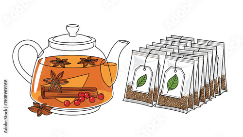Glass teapot filled with spiced tea, cinnamon, and berries is shown alongside several individual tea bags in white packaging.