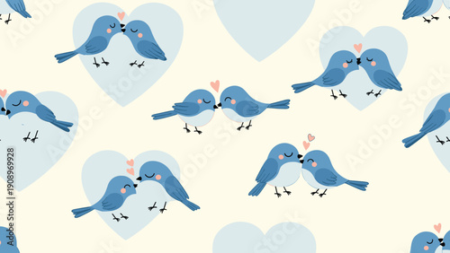 Seamless pattern with cute pairs of blue birds kissing against light blue hearts, romantic illustration for valentine's day or wedding decor.