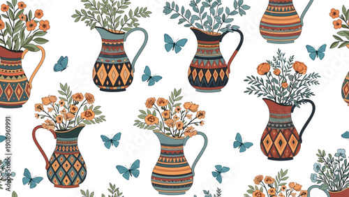 Seamless pattern featuring ornamental ceramic jugs filled with colorful wild flowers and leaves, blue butterflies on white background design.