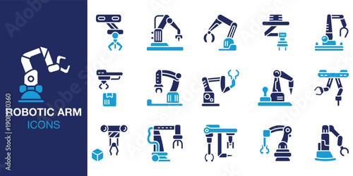 Robotic Arm icon set. Containing industry, manufacturing, factory, machine, mechanical and more. Solid vector icons collection. Vector illustration.